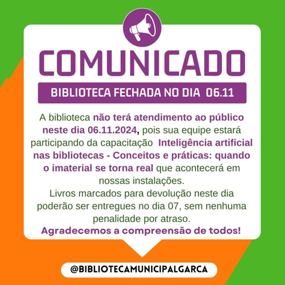  Biblioteca Municipal: hoje, dia 6, não haverá atendimento ao público 