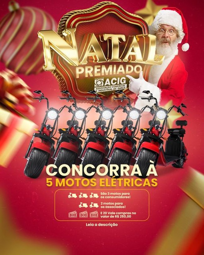 Campanha de Natal ACIG 2024 sorteia cinco motos elétricas