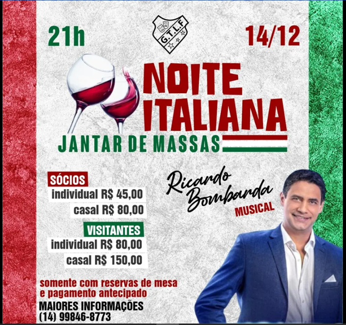   Grêmio promove “Noite Italiana” no dia 14 com jantar especial e show de Ricardo Bombarda