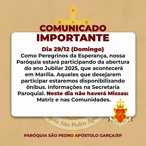 Paróquia garcense convida comunidade para Abertura do Ano Jubilar 2025