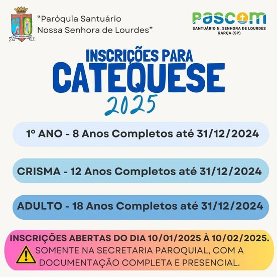 Paróquia garcense abre, dia 10, inscrições para Catequese 2025